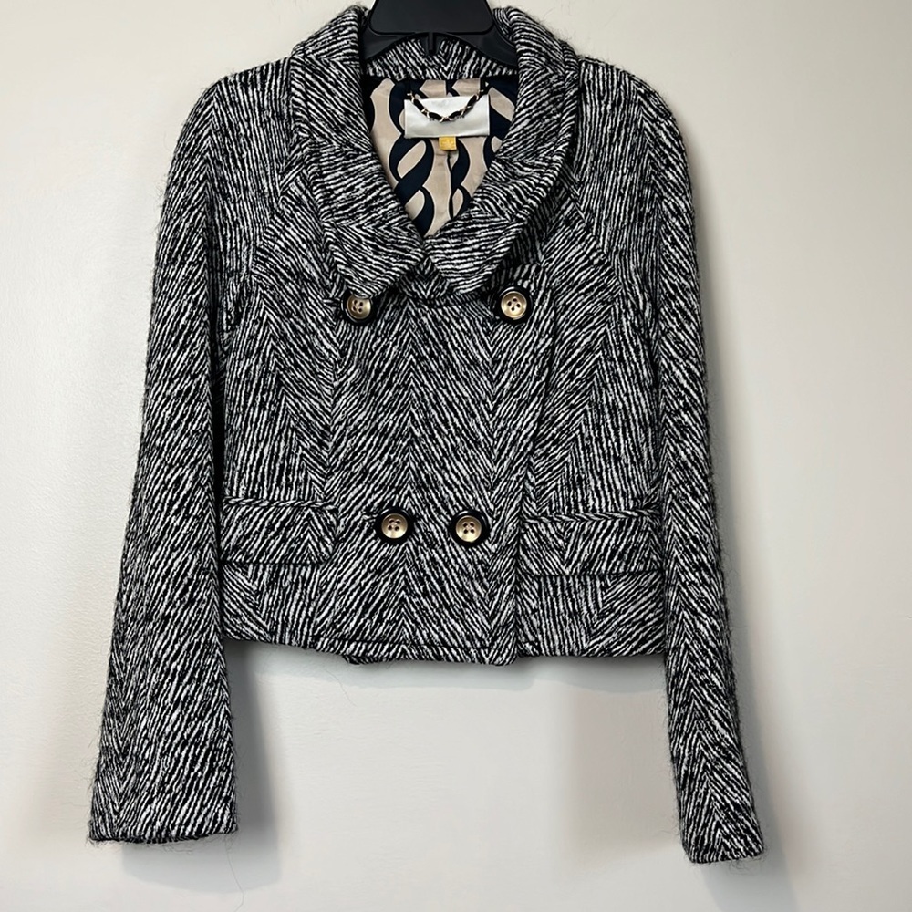 Anthro Leifsdottir Black White Animal Print Short Double Breasted Wool Jacket